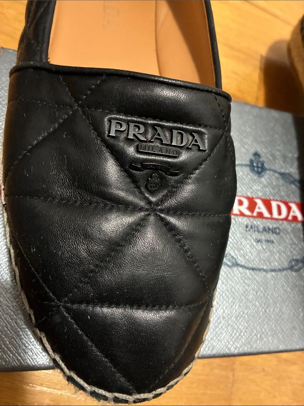Prada Black Quilted Nappa Leather Espadrilles Triangle Logo 8.5  Box Authentic